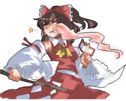 Rule 34 | armpits, blood, bow, brown hair, detached sleeves, gohei, hakurei reimu, in the face, japanese clothes, magukappu, miko, no nose, nosebleed, ofuda, punching, simple background, sketch, solo, star (symbol), tears, touhou, unzan, white background, yellow eyes