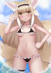 Rule 34 | 1girl, animal ears, arknights, bare arms, bare shoulders, bikini, black bikini, black hairband, blue sky, blush, breasts, brown eyes, brown hair, closed mouth, cloud, cloudy sky, collarbone, commentary request, day, fox ears, fox girl, fox tail, frilled bikini, frilled hairband, frills, gluteal fold, groin, hairband, hand up, highres, kyomu (7641), long hair, medium breasts, multicolored hair, navel, outdoors, sky, smile, solo, suzuran (arknights), swimsuit, tail, thigh strap, two-tone hair, very long hair, water, white hair