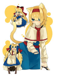 Rule 34 | 1girl, alice margatroid, animal ears, bad id, bad pixiv id, blonde hair, blue eyes, bow, capelet, cat ears, cat girl, cat tail, embarrassed, fang, female focus, glaring, hair bow, hair over one eye, hairband, highres, kemonomimi mode, matching shanghai, shanghai doll, short hair, sitting, solo, sweatdrop, tail, touhou, tyaka, wavy mouth, yomosaka