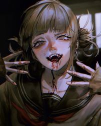 Rule 34 | 1girl, blonde hair, blood, blood from mouth, blood on face, blood on hands, blunt bangs, boku no hero academia, brown eyes, collarbone, constricted pupils, double bun, fangs, hair bun, half-closed eyes, hands up, highres, k041800, looking at viewer, neckerchief, open mouth, portrait, red neckerchief, sailor collar, short hair, sleeves past wrists, solo, spread fingers, toga himiko, tongue, tongue out