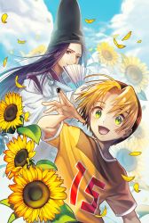 Rule 34 | 2boys, :d, between fingers, bishounen, black headwear, blonde hair, board game, brown hair, day, falling petals, fan to mouth, flower, fujiwara no sai, go (board game), grae, green eyes, hand fan, hand up, hat, hikaru no go, holding, holding fan, japanese clothes, kariginu, long hair, looking at another, looking at viewer, low-tied long hair, male focus, multicolored hair, multiple boys, open mouth, outdoors, paper fan, parted bangs, petals, print shirt, purple eyes, purple hair, purple lips, shindou hikaru, shirt, short hair, short sleeves, smile, sunflower, tate eboshi, wide-eyed, yellow shirt