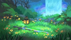 Rule 34 | animated, animated gif, artist name, commentary, english commentary, flower, frog, grass, lantern, mini-moss, moss, nature, no humans, original, outdoors, pixel art, sword, tree, water, waterfall, weapon, yellow flower