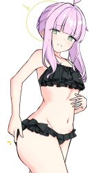 Rule 34 | 1girl, absurdres, adjusting clothes, adjusting swimsuit, ahoge, bikini, black bikini, blue archive, blunt bangs, breasts, caffeinechara, commentary request, cowboy shot, facing viewer, frilled bikini, frills, green halo, halo, highres, kaya (blue archive), looking down, navel, purple hair, simple background, small breasts, solo, standing, sweat, swimsuit, white background