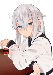 Rule 34 | 1girl, absurdres, alcohol, black sailor collar, blue eyes, blush, closed mouth, cup, drunk, hibiki (kancolle), highres, holding, holding cup, ikashun, kantai collection, long hair, long sleeves, looking at viewer, sailor collar, simple background, solo, table, upper body, verniy (kancolle), white hair