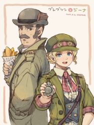 Rule 34 | 1boy, 1girl, ace attorney, blonde hair, blue eyes, bowler hat, center frills, character name, coat, facial hair, fish (food), fish and chips, food, frills, gina lestrade, green coat, green headwear, green jacket, grey hair, hand in pocket, hat, holding, holding food, jacket, long sleeves, looking at another, mustache, old, old man, open mouth, presenting, shigatake, shirt, short hair, sleeves rolled up, smile, standing, the great ace attorney, the great ace attorney 2: resolve, tobias gregson, white shirt