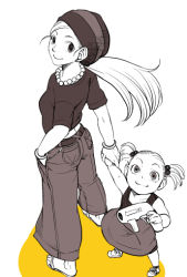 Rule 34 | 2girls, age difference, ass, beanie, bulma, child, dragon ball, dragonball z, greyscale, hat, holding hands, jewelry, long hair, looking at viewer, monochrome, multiple girls, necklace, pants, short hair, siblings, simple background, sisters, smile, standing, tights (dragon ball), toy gun, twintails, white background, yellow theme