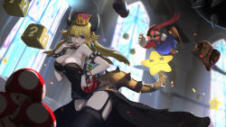 Rule 34 | 1boy, 1girl, ? block, armlet, bare shoulders, black collar, black dress, black thighhighs, blonde hair, blue eyes, blurry, bowsette, bracelet, breasts, brooch, bullet bill, castle, collar, commentary, cowboy shot, depth of field, dress, earrings, fingernails, garter straps, glowing, glowing eyes, goomba, heart, heart-shaped pupils, horns, indoors, jewelry, large breasts, leaning forward, long dress, long hair, looking at viewer, mario (series), mushroom, new super mario bros. u deluxe, nintendo, overalls, pointy ears, red eyes, sharp fingernails, solo focus, spiked armlet, spiked bracelet, spiked collar, spiked shell, spiked tail, spikes, stained glass, strapless, strapless dress, super crown, super mushroom, super star (mario), symbol-shaped pupils, tail, thighhighs, tongue, tongue out, turtle shell, vafar7, x x