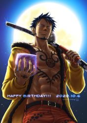 Rule 34 | 1boy, abs, backlighting, bare pectorals, belt, black hair, chest tattoo, coat, earrings, facial hair, from below, goatee, heart (organ), highres, jewelry, kokorozashi, large pectorals, light smile, long sideburns, male focus, moonlight, muscular, navel, no headwear, one piece, open clothes, open coat, over shoulder, pants, pectorals, red pants, short hair, sideburns, solo, sword, sword over shoulder, tattoo, trafalgar law, upper body, weapon, weapon over shoulder, yellow coat