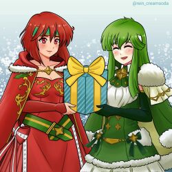 Rule 34 | alternate costume, bow, box, cape, closed eyes, dress, fire emblem, fire emblem: mystery of the emblem, gift, gift box, green cape, green dress, green hair, green headband, hair between eyes, headband, highres, holding, holding gift, long hair, minerva (fire emblem), nintendo, palla (fire emblem), red cape, red dress, red eyes, red hair, rein creamsoda, short hair, smile, snow, twitter username, white headband, yellow bow