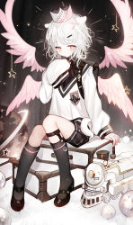 Rule 34 | 1girl, :/, animal ears, backpack, bag, black footwear, black socks, blouse, closed mouth, cross hair ornament, crown, glowing, hair ornament, hand up, highres, juexing (moemoe3345), kneehighs, legwear garter, light particles, light rays, long sleeves, looking at viewer, mary janes, original, planetary ring, red eyes, shirt, shoes, sitting, sleeves past fingers, sleeves past wrists, snow, socks, solo, star (symbol), tail, toy train, white hair, white shirt, wings