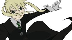 Rule 34 | 00s, 1girl, absurdres, blonde hair, chanceandluck, diagonal-striped clothes, diagonal-striped necktie, female focus, gloves, green eyes, highres, long hair, maka albarn, necktie, solo, soul eater, striped clothes, transparent background, vector trace