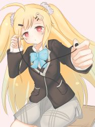 Rule 34 | 1girl, ahoge, azur lane, bad id, bad pixiv id, black jacket, blazer, blonde hair, blue bow, blue bowtie, blush, bow, bowtie, brown background, collared shirt, commentary request, desk, earbuds, earphones, eldridge (azur lane), eldridge (the inquisitive recluse) (azur lane), facial mark, grey skirt, hair ornament, hairclip, highres, holding, jacket, long hair, long sleeves, looking at viewer, mochimochi (pixiv 24174242), on desk, parted lips, red eyes, school desk, school uniform, shirt, sidelocks, simple background, sitting, on desk, skirt, solo, two side up, very long hair, white shirt