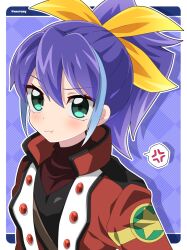Rule 34 | 1girl, anger vein, blue hair, bow, closed mouth, green eyes, hair between eyes, hair bow, jacket, kura (xxcracy), looking at viewer, multicolored hair, open clothes, open jacket, ponytail, pout, purple hair, red jacket, serena (yu-gi-oh!), solo, spoken anger vein, two-tone hair, upper body, yellow bow, yu-gi-oh!, yu-gi-oh! arc-v