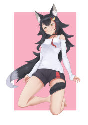 Rule 34 | 1girl, absurdres, animal ear fluff, animal ears, bare legs, barefoot, black choker, black hair, black shorts, blush, breasts, choker, closed mouth, clothing cutout, commentary, full body, hair ornament, highres, hololive, kneeling, leveup, licking lips, long hair, long sleeves, medium breasts, multicolored hair, ookami mio, ookami mio (casual), paw print, paw print pattern, pink background, red hair, shirt, short shorts, shorts, shoulder cutout, simple background, sleeves past wrists, smile, solo, streaked hair, tail, tail wrap, thighs, tongue, tongue out, two-tone hair, virtual youtuber, white shirt, wolf ears, wolf tail, yellow eyes