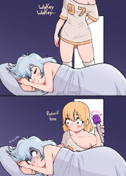 Rule 34 | 2girls, absurdres, blonde hair, blue eyes, blue hair, blush, cypher 05, english text, gawr gura, highres, hitachi magic wand, hololive, hololive english, implied yuri, lying, multicolored hair, multiple girls, no mouth, on side, one eye closed, oversized clothes, oversized shirt, sex toy, shirt, silver hair, streaked hair, twitter username, under covers, vibrator, virtual youtuber, watson amelia, you gonna get raped