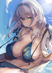Rule 34 | 1girl, alternate costume, aqua bikini, arms behind back, bad anatomy, bare shoulders, bikini, blue sky, blush, breasts, cleavage, collarbone, diadem, green eyes, highres, hololive, jacket, large breasts, looking at viewer, navel, open clothes, open jacket, open mouth, shirogane noel, shirogane noel (1st costume), short hair, silver hair, sky, solo, swimsuit, thomasz, virtual youtuber