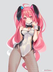 Rule 34 | 1girl, ahoge, animal ears, blush, bow, bowtie, breast tattoo, breasts, cleavage, contrapposto, cowboy shot, detached collar, fake animal ears, fishnet pantyhose, fishnets, fu-mi.a, gluteal fold, grey background, hair between eyes, highres, leotard, long hair, medium breasts, pantyhose, parted lips, pink eyes, pink hair, playboy bunny, rabbit ears, rabbit tail, rasis, side-tie leotard, simple background, solo, sound voltex, sound voltex ii infinite infection, sound voltex iii gravity wars, standing, tail, tattoo, twintails, very long hair, wrist cuffs