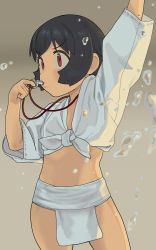 Rule 34 | 1girl, 2equal8, arm up, black hair, blowing whistle, blush, female focus, gradient background, grey background, highres, japanese clothes, jewelry, loincloth, necklace, original, red eyes, sawada kanako, short hair, solo, tareme, thighs, water drop, whistle
