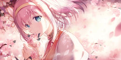 Rule 34 | 1girl, aqua eyes, bob cut, cherry blossoms, closed mouth, flower, from side, hair flower, hair ornament, hairband, highres, looking at viewer, pink hair, princess connect!, rednian, short hair, signature, solo, twitter username, upper body, yui (princess connect!)