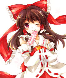 Rule 34 | 1girl, blush, bow, brown hair, detached sleeves, female focus, hair bow, hair ribbon, hair tubes, hakurei reimu, hands in opposite sleeves, imperishable night, japanese clothes, looking at viewer, marker (medium), miko, millipen (medium), mouth hold, ofuda, one eye closed, red eyes, ribbon, shikishi, smile, solo, tachitsu teto, touhou, traditional media, wink
