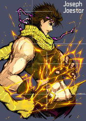 Rule 34 | 1boy, abs, absurdres, bare shoulders, battle tendency, blue eyes, brown hair, crop top, electricity, fingerless gloves, fxdjia1995, gloves, green scarf, headband, highres, jojo no kimyou na bouken, joseph joestar, joseph joestar (young), male focus, midriff, profile, scarf, solo, striped clothes, striped scarf, triangle print, vertical-striped clothes, vertical-striped scarf