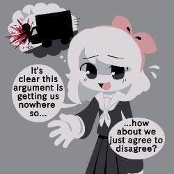 Rule 34 | 1girl, 1other, ambiguous gender, black skirt, blood, colored skin, english text, false smile, flying sweatdrops, grey eyes, hairband, lobokoni, long sleeves, lowres, medium hair, motor vehicle, neckerchief, open mouth, original, pleated skirt, skirt, smile, speech bubble, thought bubble, truck, white hair, white neckerchief, white skin