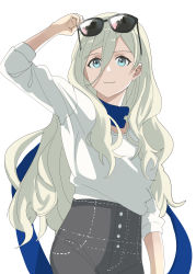 Rule 34 | 1girl, absurdres, bad id, bad twitter id, blonde hair, blue eyes, blue scarf, commentary request, eyewear on head, hair between eyes, high-waist pants, highres, hira (hinakomochi), kantai collection, long hair, mole, mole under eye, mole under mouth, official alternate costume, pants, richelieu (kancolle), scarf, shirt, simple background, smile, solo, sunglasses, white background, white shirt