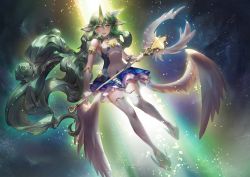Rule 34 | 1girl, angel wings, armlet, bare shoulders, breasts, dress, elbow gloves, full body, gloves, green eyes, green hair, hair ornament, horns, kirsos, league of legends, long hair, looking at viewer, magical girl, open mouth, pointy ears, skirt, sky, sleeveless, sleeveless dress, solo, soraka (league of legends), sparkle, staff, star (sky), star guardian (league of legends), star guardian soraka, starry sky, thighhighs, very long hair, wings, zettai ryouiki
