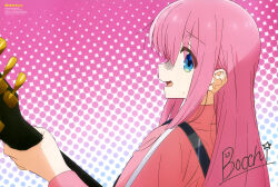 Rule 34 | 1girl, absurdres, blue eyes, bocchi the rock!, gotoh hitori, guitar, highres, instrument, kerorira, looking at viewer, looking back, magazine scan, nervous smile, newtype, official art, pink hair, polka dot, polka dot background, scan, sideways glance, signature, smile, solo, sweatdrop, track suit