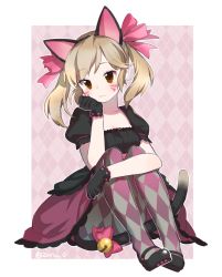 Rule 34 | 1girl, :3, alternate hairstyle, animal ears, argyle, argyle clothes, argyle legwear, artist name, bad id, bad pixiv id, bell, black cat d.va, black dress, black footwear, black gloves, blonde hair, brown eyes, cat ears, cat tail, d.va (overwatch), dress, facepaint, facial mark, frilled dress, frills, full body, gloves, highres, hugging own legs, jingle bell, lolita fashion, looking at viewer, mary janes, official alternate costume, overwatch, overwatch 1, pantyhose, puffy short sleeves, puffy sleeves, shoes, short sleeves, sitting, smile, solo, tail, tail bell, tail ornament, twintails, whisker markings, zuru o
