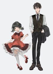 Rule 34 | 1boy, 1girl, ah-software, ascot, black hair, black pants, brown eyes, brown footwear, brown hair, collared dress, collared shirt, commentary request, dress, frilled socks, frills, glasses, gureru (r grey1204), hair bobbles, hair ornament, highres, hiyama kiyoteru, hiyama kiyoteru (vocaloid4), holding, holding clothes, holding jacket, jacket, kaai yuki, kaai yuki (vocaloid4), leg up, low twintails, mary janes, necktie, open mouth, pants, petticoat, pigeon-toed, plaid, plaid ascot, plaid necktie, plaid ribbon, puffy short sleeves, puffy sleeves, red dress, red footwear, ribbon, ribbon-trimmed socks, shirt, shoes, short hair, short sleeves, short twintails, sleeveless blazer, smile, socks, teacher and student, twintails, unworn jacket, vocaloid, white socks