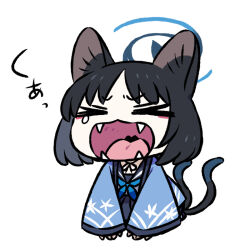 Rule 34 | &gt; &lt;, 1girl, animal ears, black hair, blue archive, blue halo, cat ears, cat tail, chan co, halo, japanese clothes, kikyou (blue archive), multiple tails, open mouth, sailor collar, school uniform, serafuku, short hair, solo, tail, yawning
