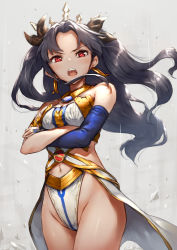 Rule 34 | 1girl, :o, angry, armlet, asymmetrical gloves, bare arms, bare legs, bare shoulders, black hair, black ribbon, blue gloves, breasts, bridal gauntlets, cleavage, clothing cutout, crossed arms, crown, earrings, elbow gloves, fate/grand order, fate (series), female focus, floating hair, gem, gloves, groin, hair ribbon, hoop earrings, ishtar (fate), jewelry, legs, long hair, looking at viewer, medium breasts, navel, navel cutout, neck, neck ring, neo-masterpeacer, open mouth, pelvic curtain, red eyes, revealing clothes, ribbon, round teeth, serious, single elbow glove, single glove, solo, standing, strapless, teeth, tohsaka rin, two side up, type-moon, uneven gloves