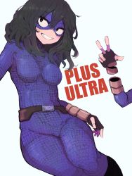 Rule 34 | 1girl, absurdres, belt, black eyes, black hair, bodysuit, boku no hero academia, breasts, commentary request, fingerless gloves, gloves, grin, hair between eyes, highres, looking to the side, mask, purple bodysuit, simple background, smile, solo, taipe pepe, tokage setsuna, w, white background