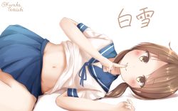 Rule 34 | absurdres, blue ribbon, blue sailor collar, blue skirt, blush, brown eyes, brown hair, character name, closed mouth, clothes lift, finger to mouth, fingernails, hands up, highres, kantai collection, looking at viewer, low twintails, lying, navel, neck ribbon, on side, parted bangs, pleated skirt, ribbon, sailor collar, shadow, shirayuki (kancolle), shirt, shirt lift, short sleeves, shushing, skirt, smile, solo, tateishi kureha, twintails, twitter username, white background, white shirt