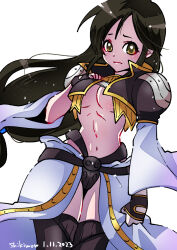 Rule 34 | 1girl, armor, artist name, black hair, black thighhighs, breasts, brown eyes, cosplay, cowboy shot, dated, final fantasy, final fantasy ix, garnet til alexandros xvii, gloves, half gloves, hand on own chest, highres, kuja, kuja (cosplay), long hair, medium breasts, midriff, navel, shikiwo, shoulder armor, solo, thighhighs, underboob, white background, white sleeves