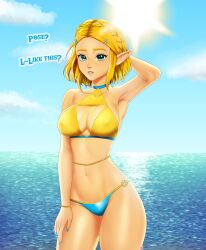 Rule 34 | 1girl, absurdres, arm behind head, arm up, armpits, bikini, blonde hair, blue bikini, blue eyes, blue nails, blue sky, blush, braid, breasts, cleavage, cloud, commentary, covered erect nipples, day, english commentary, english text, green eyes, hair ornament, hairclip, highres, large breasts, looking at viewer, medium breasts, melkcoffee, mismatched bikini, nail polish, navel, nintendo, ocean, outdoors, pointy ears, princess zelda, self-upload, short hair, sideboob, sidelocks, sky, solo, standing, stomach, sun, swimsuit, tan, tanline, the legend of zelda, the legend of zelda: tears of the kingdom, thighs, triforce, water, yellow bikini