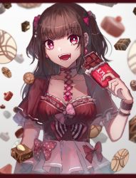 Rule 34 | 1girl, :d, arm at side, bad id, bad pixiv id, blunt bangs, blurry, bow, breasts, bright pupils, brown hair, candy, chocolate, chocolate bar, cleavage, collarbone, collarbone piercing, corset piercing, danjou sora, dress, ear piercing, earrings, food, frilled sleeves, frills, gradient background, grey background, hair bow, holding, holding food, jewelry, letterboxed, long hair, looking at viewer, medium breasts, nail polish, open mouth, original, piercing, pink bow, pink eyes, pink nails, red dress, short sleeves, smile, solo, teeth, two side up, upper body, wristband