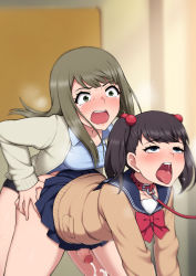 Rule 34 | 1boy, 1girl, ahegao, anal, ass, blush, bow, censored, clothed sex, collar, crossdressing, cum, dildo, doggystyle, ejaculating while penetrated, ejaculation, hetero, highres, leash, male penetrated, mosaic censoring, open mouth, pegging, penis, pleated skirt, sailor collar, school uniform, serafuku, sex, sex from behind, sex toy, skirt, strap-on, trap, twintails, wataya