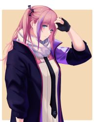 Rule 34 | 1girl, 3 small spiders, absurdres, black gloves, black necktie, blue eyes, blue jacket, blush, closed mouth, dress, female focus, fingerless gloves, girls&#039; frontline, gloves, hand on own head, highres, jacket, long hair, looking at viewer, necktie, open clothes, open jacket, pink hair, scarf, side ponytail, simple background, smile, solo, st ar-15 (girls&#039; frontline), standing, upper body, white dress, white scarf