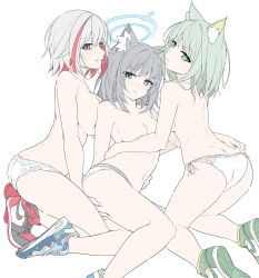 Rule 34 | 3girls, absurdres, air jordan 1, animal ear fluff, animal ears, arknights, ass, bare shoulders, blue archive, blue eyes, breasts, butt crack, cat ears, commentary, cross hair ornament, extra ears, green eyes, green hair, grey hair, hair ornament, halo, highres, honkai: star rail, honkai (series), kal&#039;tsit (arknights), large breasts, looking at viewer, masabodo, medium breasts, medium hair, mismatched pupils, multicolored hair, multiple girls, nike (company), panties, purple eyes, red hair, shiroko (blue archive), shoes, short hair, simple background, sneakers, streaked hair, symbol-only commentary, topaz (honkai: star rail), topless, underwear, underwear only, white background, white hair, wolf ears