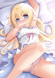 Rule 34 | 1girl, arm up, armpits, ass, bed, blonde hair, blue eyes, blush, breasts, cameltoe, commentary request, commission, covering own mouth, dress, hand to own mouth, highres, hiyada yuu, knee up, legs, long hair, looking at viewer, lying, on back, original, panties, pillow, pink panties, short dress, skeb commission, solo, spread legs, sundress, thighs, underwear, white dress