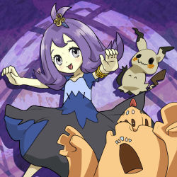 Rule 34 | 1girl, ^ ^, acerola (pokemon), armlet, closed eyes, creatures (company), dress, flipped hair, game freak, gen 7 pokemon, grey eyes, highres, looking at viewer, mimikyu, nintendo, open mouth, outstretched arms, palossand, pokemon, pokemon (creature), purple hair, runachikku, shovel, stitches, topknot, trial captain, worktool