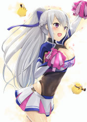 Rule 34 | 1girl, 1other, armpit cutout, azur lane, bow, breasts, casablanca (azur lane), casablanca (cheer squad on break) (azur lane), cheerleader, cleavage, clothing cutout, commentary request, covered navel, hair bow, highres, large breasts, leotard, leotard under clothes, long hair, long sleeves, manjuu (azur lane), nori aji, official alternate costume, pleated skirt, pom pom (cheerleading), purple eyes, silver hair, skirt, white skirt