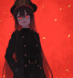 Rule 34 | 1girl, belt, black hat, facing viewer, fate/grand order, fate (series), hat, highres, jacket, long hair, military uniform, oda nobunaga (fate), oda uri, open mouth, peaked cap, red background, red eyes, simple background, solo, uniform, yzrh0
