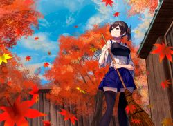 Rule 34 | 10s, 1girl, autumn leaves, black thighhighs, brown eyes, brown hair, cloud, cloudy sky, day, fence, hakama, hakama skirt, japanese clothes, kaga (kancolle), kantai collection, konkito, leaf, looking up, maple leaf, maple tree, matching hair/eyes, miniskirt, muneate, outdoors, side ponytail, skirt, sky, solo, thighhighs, tree, wooden fence