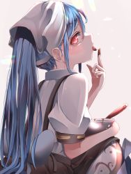 Rule 34 | 1girl, alternate headwear, apron, blue hair, bow, bowl, chocolate, chocolate making, chocolate on hand, eyelashes, food on hand, from side, head scarf, highres, hinanawi tenshi, licking, licking finger, long hair, looking at viewer, puffy short sleeves, puffy sleeves, red eyes, short sleeves, touhou, tsune (tune), upper body