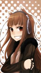 Rule 34 | 1girl, animal ears, ayakura juu, brown hair, fangs, grin, highres, holo, jacket, long hair, red eyes, smile, solo, spice and wolf, third-party edit, wolf ears