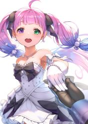 Rule 34 | 1girl, 1other, armpit crease, armpit peek, armpits, bare shoulders, breasts, collarbone, dress, gloves, heterochromia, highres, himemori luna, himemori luna (4th costume), holding hands, hololive, jewelry, looking at viewer, multicolored hair, necklace, open mouth, pink hair, purple hair, small breasts, twintails, virtual youtuber, white background, white dress, yamasan ossan