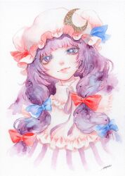 Rule 34 | 1girl, blue eyes, blue ribbon, blunt bangs, bright pupils, bun cover, collar, collared dress, crescent, crescent moon, crescent pin, double bun, dress, frilled collar, frilled dress, frilled hat, frills, hair bun, hair ribbon, hat, hat ornament, hat ribbon, highres, johnalay, long hair, mob cap, moon, moon (ornament), multicolored clothes, multicolored dress, multicolored eyes, painting (medium), patchouli knowledge, pink collar, pink dress, pink hat, purple dress, purple eyes, purple hair, red ribbon, ribbon, simple background, smile, star-shaped pupils, star (symbol), striped clothes, striped dress, symbol-shaped pupils, touhou, traditional media, vertical-striped clothes, white background, white pupils